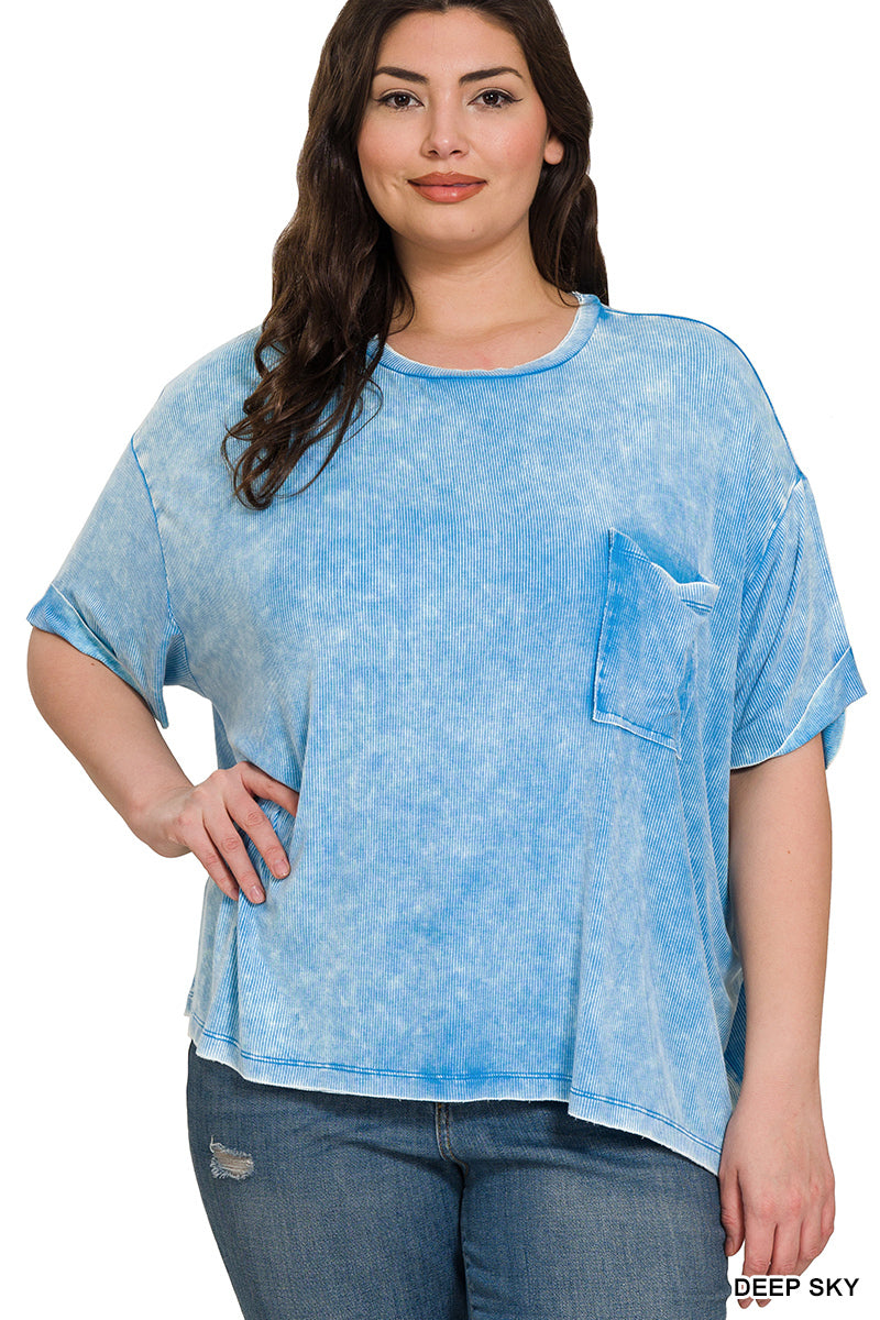 PLUS WASHED RIBBED CUFFED SHORT SLEEVE ROUND NECK TOP